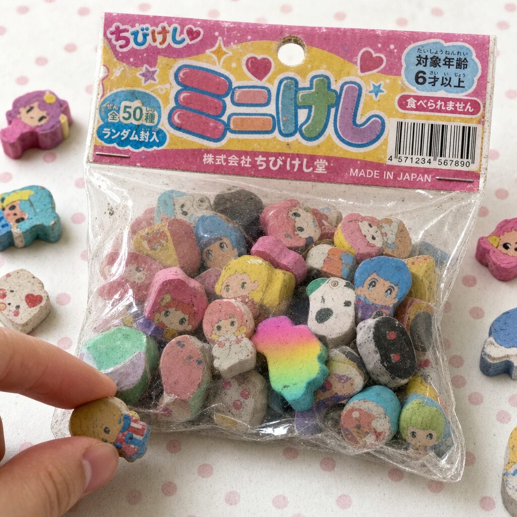 「ミニけし 全50種 ランダム封入」と書かれた透明な袋に、女の子や動物の形の小さな消しゴムがたくさん入っている。指先で袋の外の消しゴムをひとつつまんでいる。